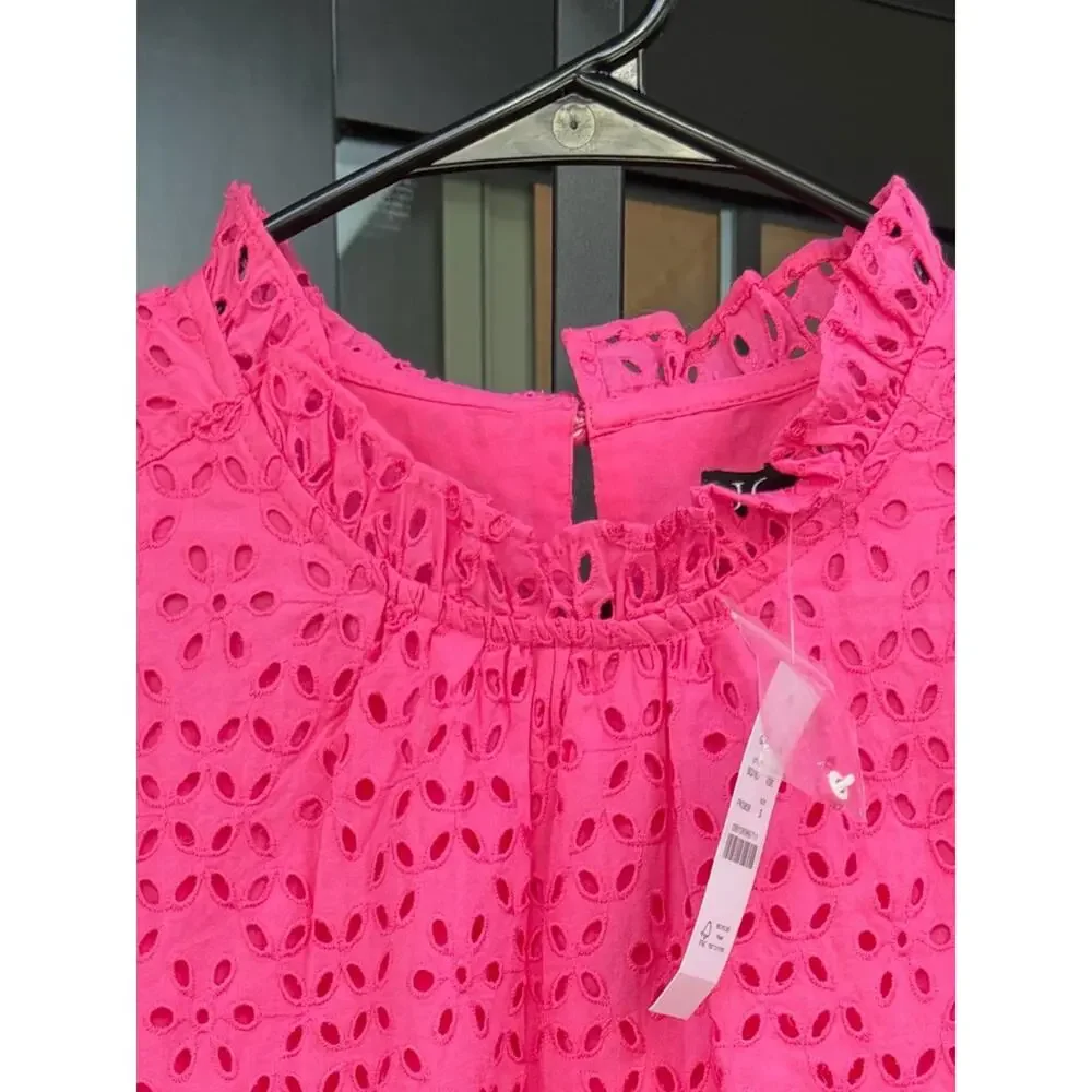 J. Crew NWT Smocked Ruffle Puff Sleeve Top Women's Pink Eyelet Lace Size Small